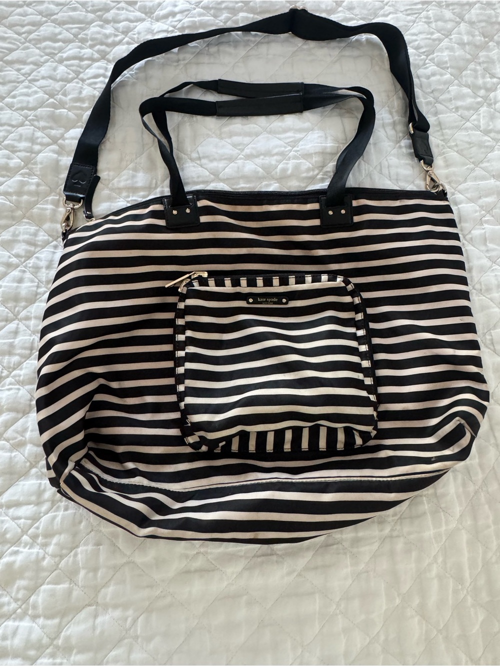 Kate Spade Black and White Striped Tote with Front Zip Pocket